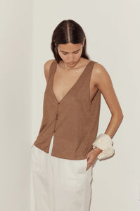 button up knit tank in coffee