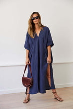 Load image into Gallery viewer, silk crinkle throw on dress in navy