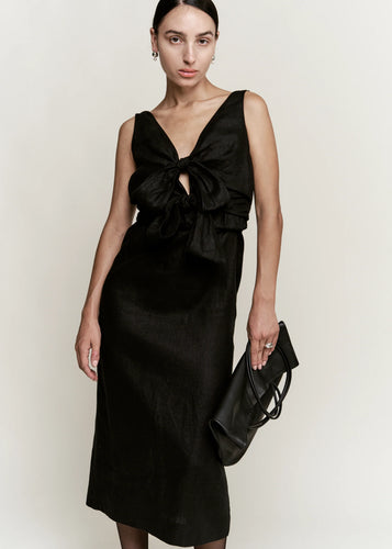 double tie front dress in black belgian linen