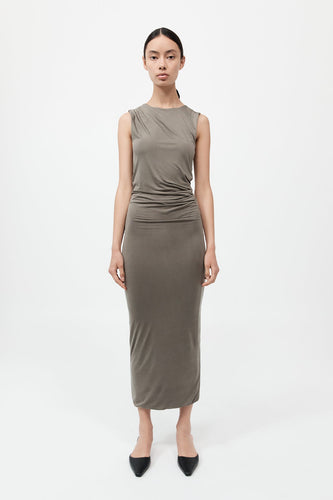 cupro jersey drape dress in smokey olive