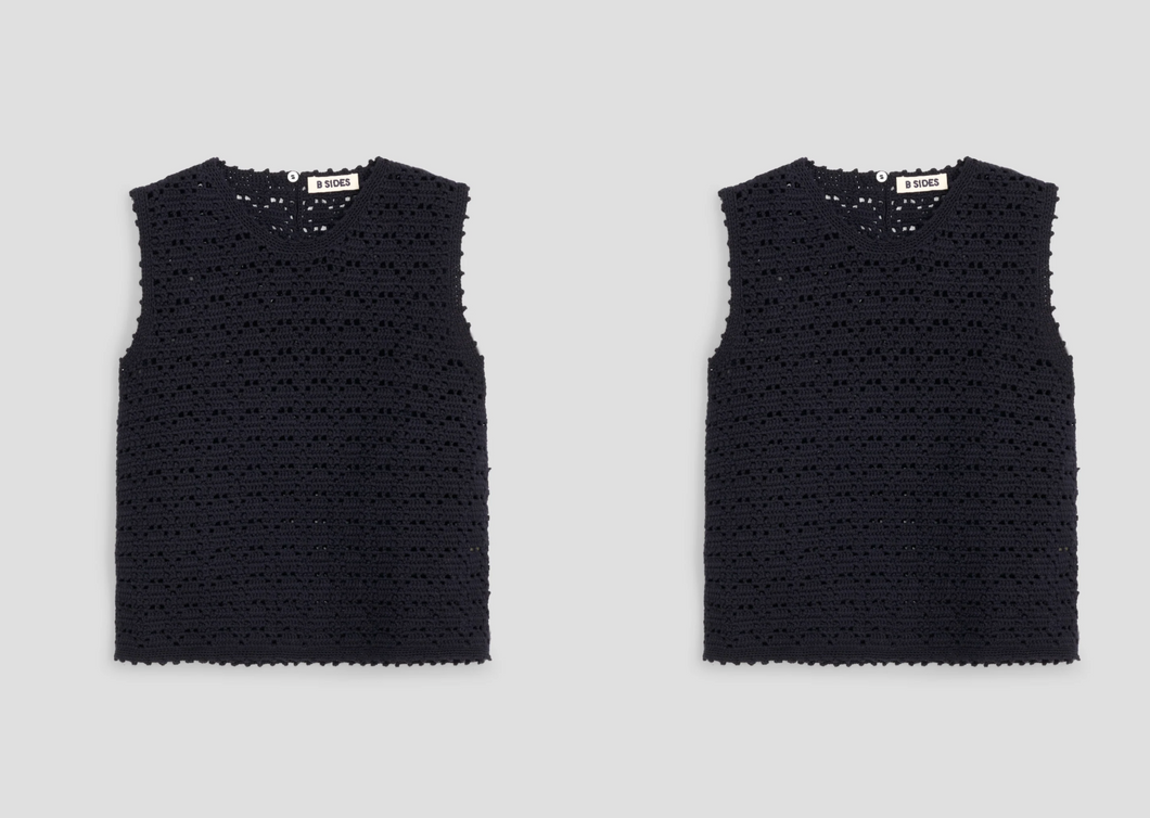 joy crochet shell in denim blue
