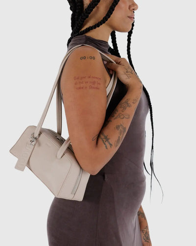 small recycled leather bowler bag in stone