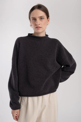 boucle rolled sweater in charcoal