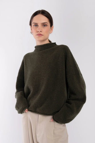 boucle rolled sweater in dark olive